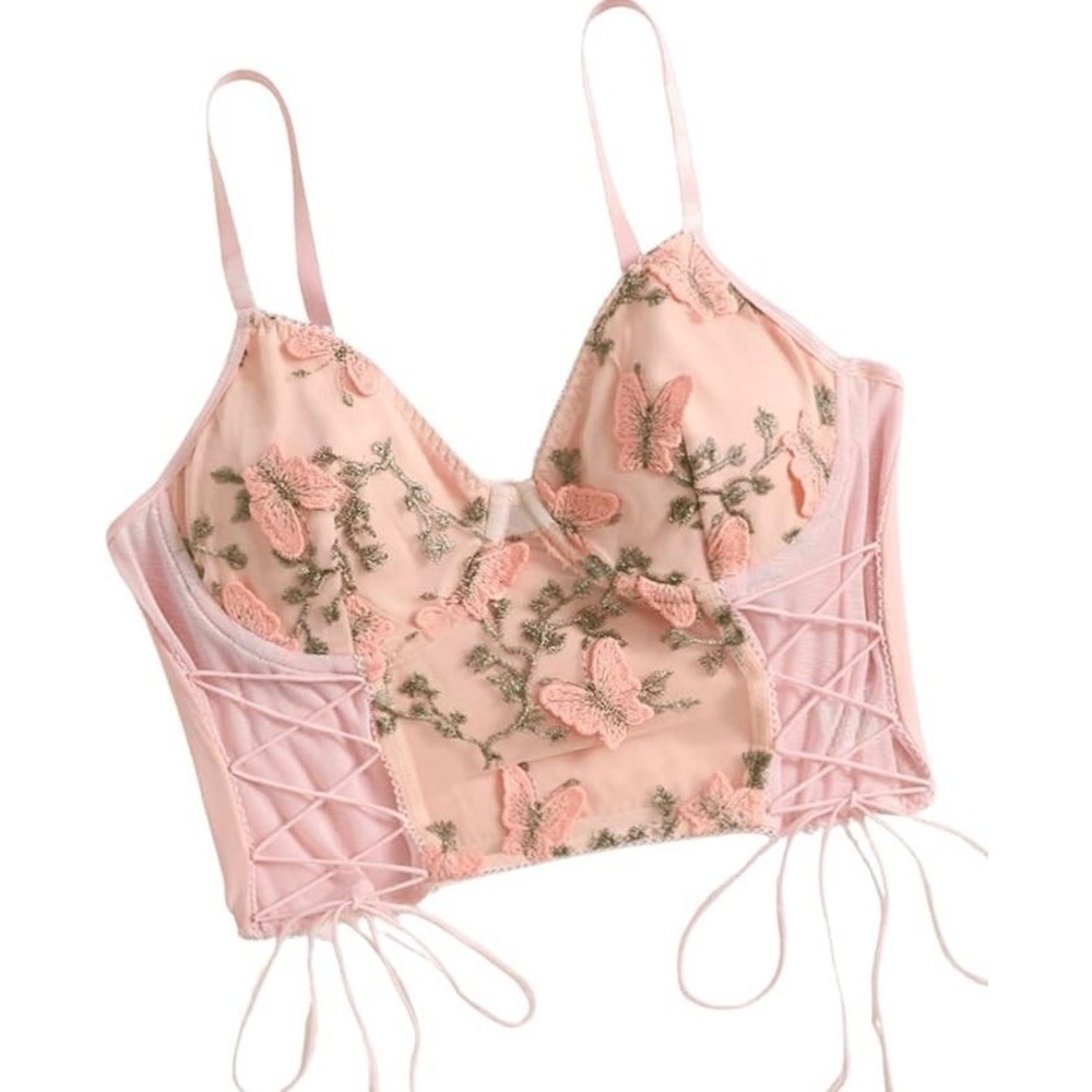 Embroidered Butterfly Sheer Mesh Corset Top Sz L‎ Pink Fairy Coquette Y2K Ballet